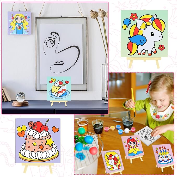 Tenceur 48 Pcs Kids Paint Party Favors Sets with 12 Pcs Unicorn Girl Cake Pre Drawn Canvas Panel and Wooden Easel Set Paint Pots and Brushes 12 Mini Apron and Tote Bag for Kids Girls Student Boys