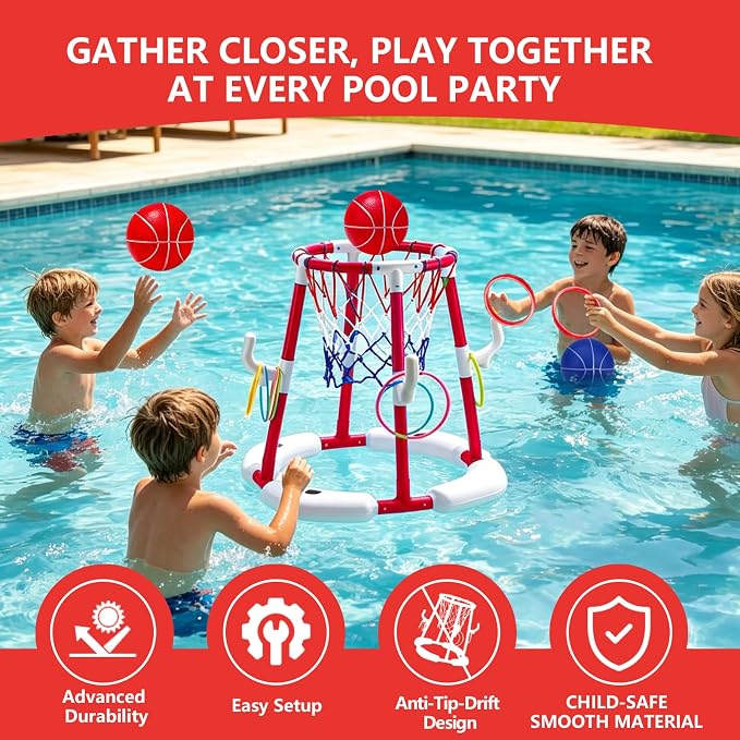 Pool Basketball Hoop with 4 Balls & 12 Rings, 2-in-1 Floating Pool Toys for Kids Adults, Water Game for Indoor Outdoor Swimming Backyard Party, Portable Summer Gifts for Boys Girls Ages 8-12, Red