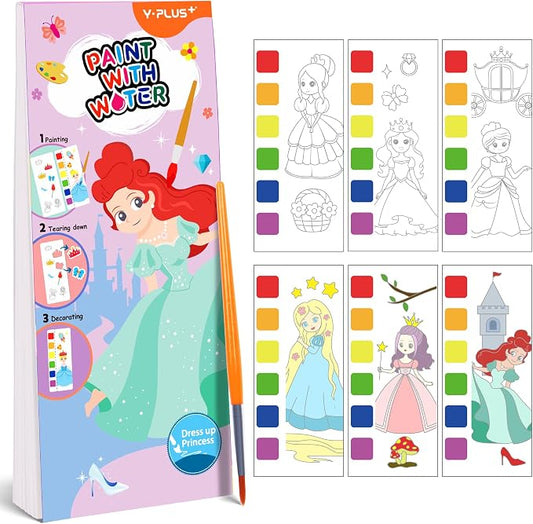 YPLUS Pocket Watercolor Book for Toddler, Art Activities Craft Toys Watercolor Painting Paper for Kids,Gift for Kids Ages 1-3, 2-4, 4-6, Drawing with Brush- Princess