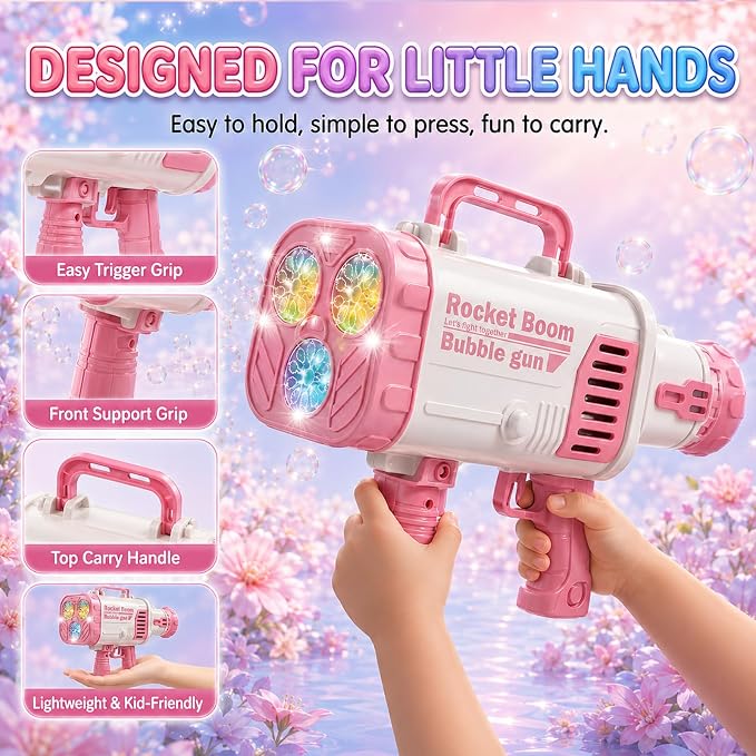 Pink LED Bubble Machine for Girls, High Output Bubble Blower | Pink LED bubble machine with high-output bubbles for backyard, pool, beach, and party fun, great gift for girls age 3+.