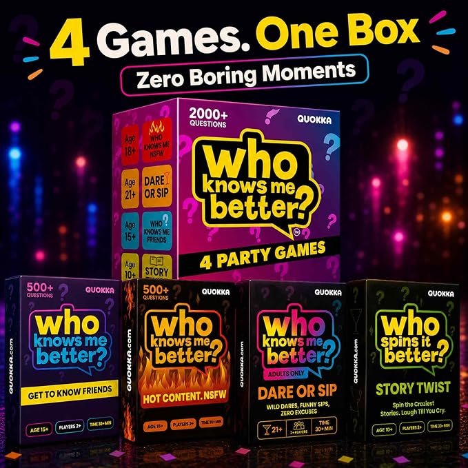 QUOKKA Party Games Set – Who Knows Me Better Collection with 4 Game in 1 Box – 2000+ Questions – Card Games for Adults and Teens – Board Game for Family Night, Friends & Couples Ages 15+