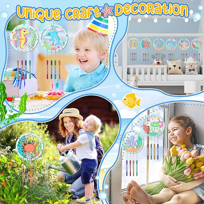 12Pack Wind Chime Kit for Kids Make Your Own Ocean Animals Wind Chime DIY Coloring Wood Crafts Summer Wooden Arts and Crafts Under Sea Ornaments for Boys Girls School Activities Party Decoration