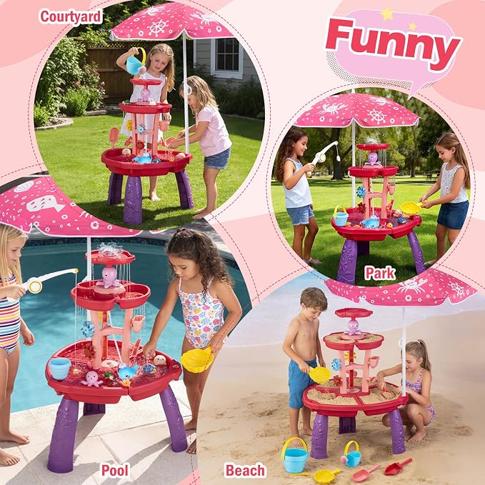 VROGTIK Water Table for Toddlers with Water Pump and Fishing Game Set 3-Tier Kids Sand Water Table with Umbrella Sensory Outdoor Toys for Kids Ages 3-8 Outside Toys Backyard Toddler Girl Toys