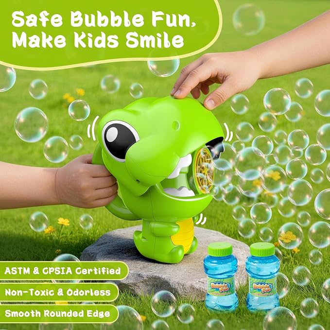 MAKE KIDS SMILE BUBBLE FUN Rechargeable Dinosaur Bubble Guns for Kids 1-3 | Automatic bubble machine with fast output, includes 8oz solution. Ideal summer children toys for boys, girls and pets.