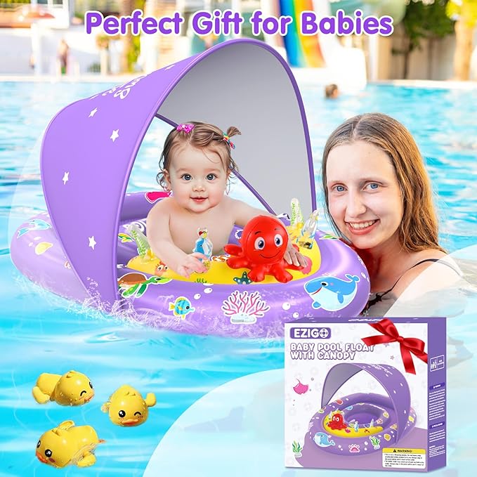 EZIGO Baby Pool Float with Canopy UPF50+ Sun Protection, Inflatable Kids Pool Floats with Ocean Animal Toys for Baby 6-36 Months, Infant Swimming Float with Adjustable Safety Seat for Boys Girls