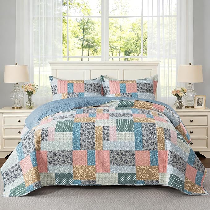 NEWLAKE Quilt Set King Size, Bedspread Sets Vintage Floral Patchwork, Quilt Bedding Set Lightweight and Breathable for All Seasons, Soft Quilted Bedspread with 2 Pillow Shams