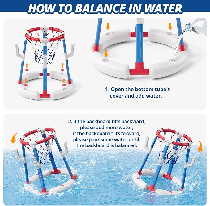 HYES 2 in 1 Pool Basketball Hoop with Ring Toss, Floating Pool Toys - Anti-Tip Stable Base - with 4 Balls/8 Rings/Pump - Summer Water Basketball Games Indoor Outdoor Gifts for Kids 4-8 & Adults, Red