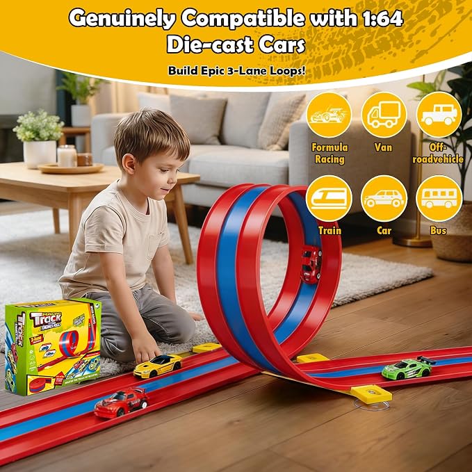 16ft Flex Track, Flexible Race Track for Kids 3-5 Year Old with 4 Pull-Back Cars, Portable Roll Up Racing Car Tracks for Toddlers, Birthday Gifts for Boys Girls (3 Lane - Blue & Red)