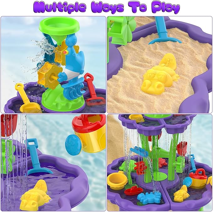 Kids Flower Water Sand Table for Toddlers - 2-Tier Outdoor Water Sand Play Table Toys for Boys Girls, Summer Splash Activity Sensory Table Party Birthday Gift for Kids 3-5 6-12(Purple)