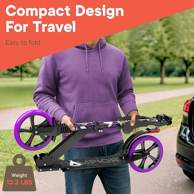 Campior Kick Scooter for Ages 6+, for Kids, Teens, and Adults, Max Load 240 LBS, Foldable, 8-inch Big Wheels for Kids and Adults, with Kickstand, 3 Adjustable Levels, Child Safety Approved, Purple