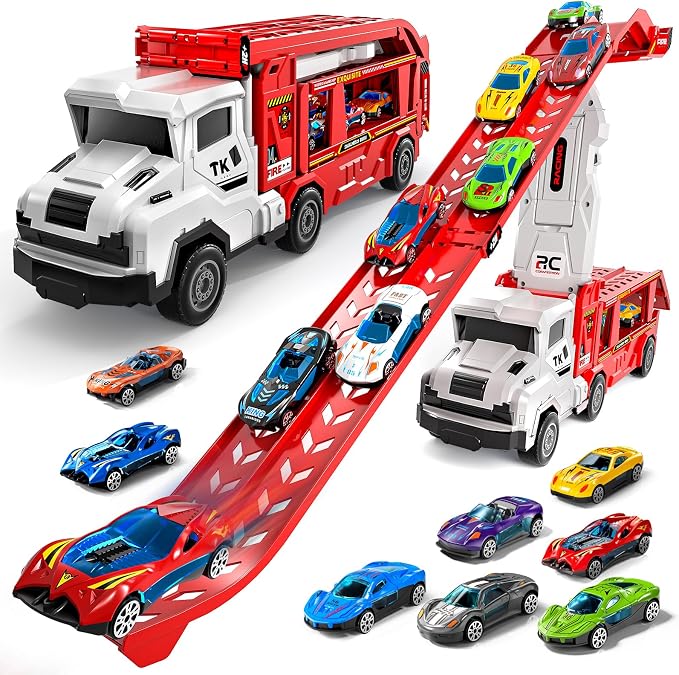 Transport Truck Toys for 3 4 5 6 7 Years Old Boys,Toys Cars Track Set Transporter Trucks with 12 Die-Cast Car Toys 2 Race catapults Dual-Track Model,Toddler Car Toy Set for Kids Boys Girls