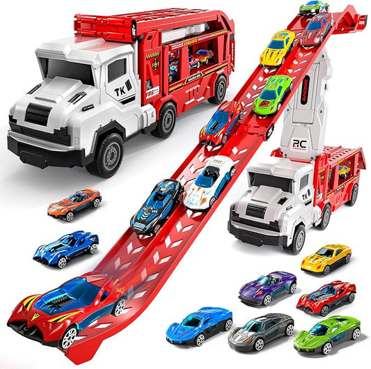 Transport Truck Toys for 3 4 5 6 7 Years Old Boys,Toys Cars Track Set Transporter Trucks with 12 Die-Cast Car Toys 2 Race catapults Dual-Track Model,Toddler Car Toy Set for Kids Boys Girls