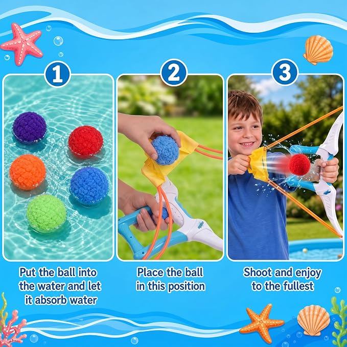 Water Balloon Launcher, 2 Bow Launchers Toy with 24 Pcs Reusable Water Absorption Cotton Balls, Outdoor Summer Yard Water Games and Pool Beach Activities for Family