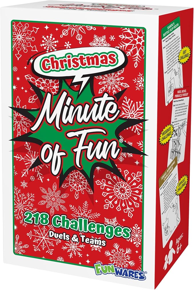 Funwares Christmas Special Edition, 218 Minute of Fun Games - Minute to Win It Family Party & Travel for Kids & Adults, 2-12 Players! Play with Everyday Household Items.