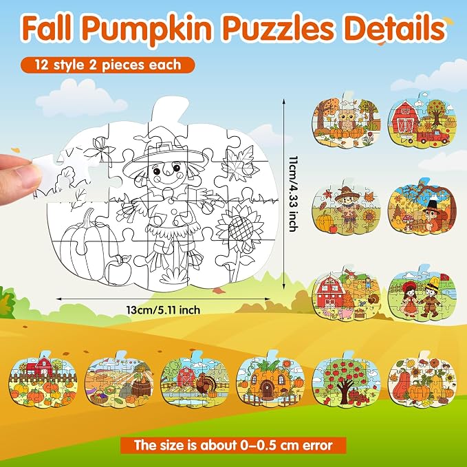 Realspring 24 Pack Fall Thanksgiving Pumpkin Shape Jigsaw Puzzles for Kids Age 3-5, 4-6, 6-8, Color Your Own Autumn Crafts DIY Paper Puzzle Party Favor Gift for Thanksgiving Toddler Children Toy