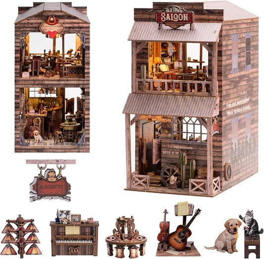 Book Nook Kit - DIY Miniature House & Dollhouse Alley Model Kit, Puzzle Bookshelf Library Decor with LED Light, Craft Gift for Adults, Teens, and Family(Old Town Saloon)