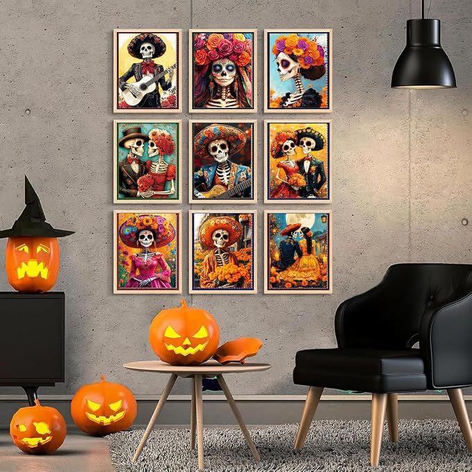 Paint by Numbers for Adults and Kids Beginner, 9 Piece Skull Painting by Number Kits On Canvas, Number Artist Paint by Number Kit DIY Halloween Oil Painting Acrylic Paints, Home Wall Decor Gift12X16in