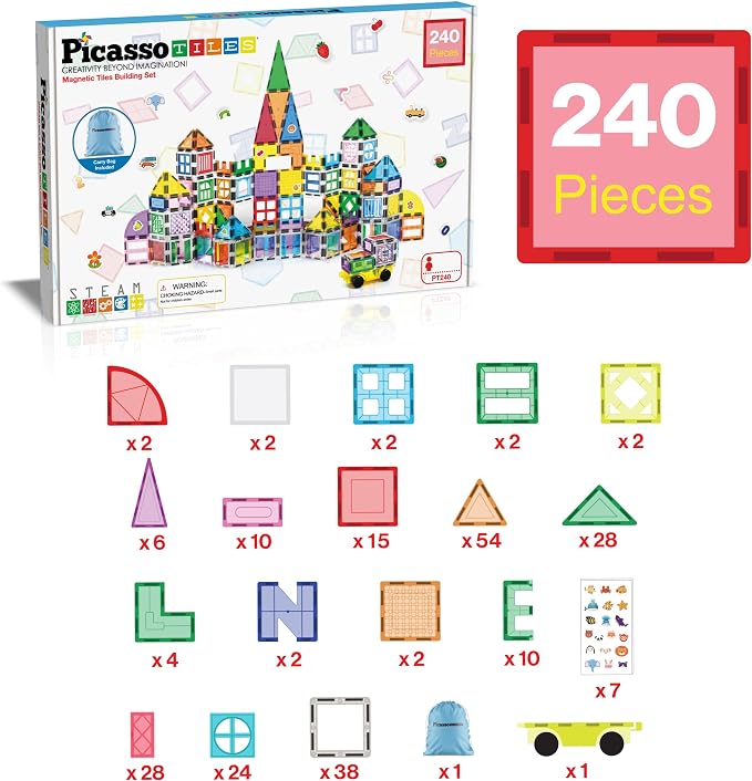 PicassoTiles 240pc Magnetic Tiles Building Set with Storage Bag Themed Stickers and Car Base Magnet Tile STEM Sensory Fun Creative Learning Classroom Must Have Educational Toy Boy Girl Age 3+ PT240