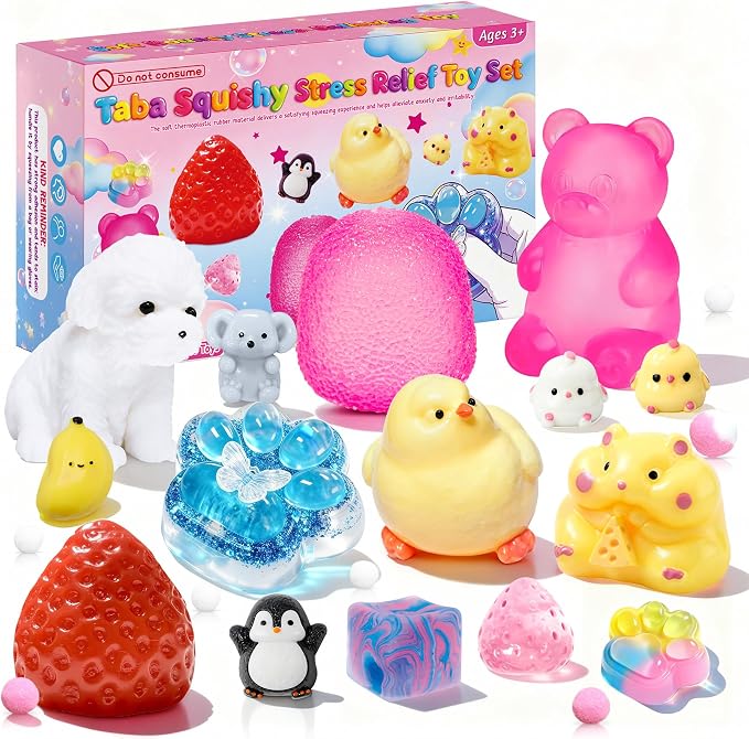 15Pcs Taba Squishies Kit, Squishies Fidget Toys, Including Strawberry, Cat Paw, Hamster Toy, Stress Relief Toys Party Favors for Kids 4-8 8-12, Sensory Toys Birthday Easter Gifts