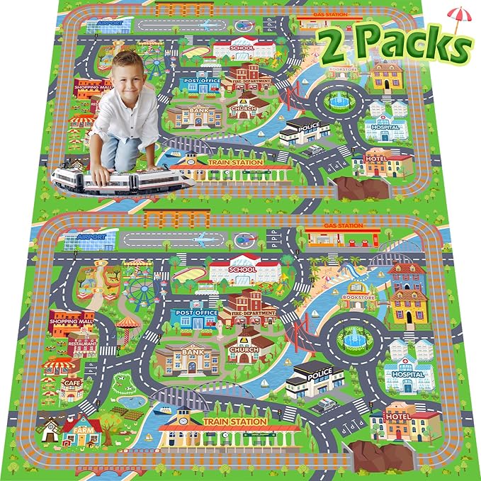 Car Rug Play Mat for Kids Toy Cars, 2 Packs 3'x4'/ 36"x48" Road Traffic Playmat for Kid Bedroom, Non-Slip Machine Washable Town City Race Track Carpet for Learn and Have Fun