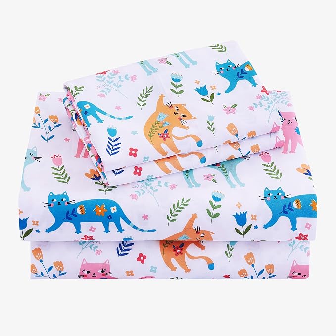 Viviland 4 Pieces Girls Pink Cat Full Sheet Set - Soft Microfiber Fitted Flat Sheets & Pillowcase - Kids Colorful Floral Leaf Print Bedding Sets - for Kids & Toddlers