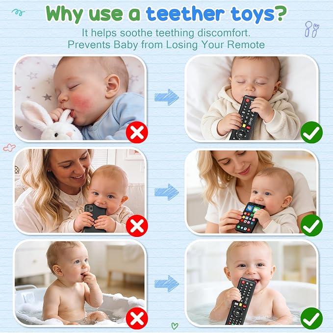 2 Pack Baby Teething Toys 3-6 6-12 Months, Sensory Silicone Phone and Remote Teether Toys for Teething Relief, Infants Newborn Chew Toys 6-18 Months for Sucking Needs, Shower Birthday Gifts