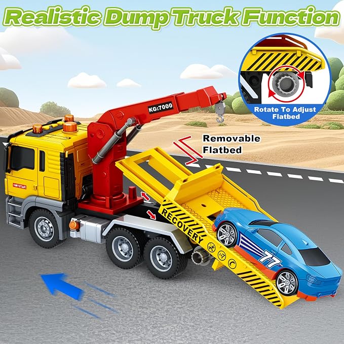 Bstoyder Kids Toys for 3 4 5 6 7 Years Old Boys, Large Tow Truck Toy, Friction Powered Transport Truck Crane Vehicle Toy with Lights and Sounds, Racing Car, Birthday Gifts for Boys Girls