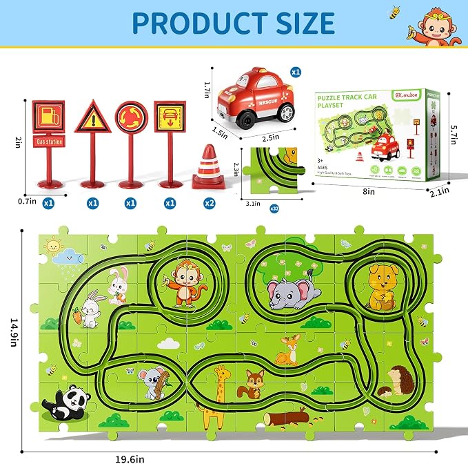 32-Piece Puzzle Race Car Track Set for Toddlers 1-3 | Animal-Themed Tracks, Cars & Road Signs | Puzzle Car Tracks Toddler Toy Gifts for 2 3 4 5 6 Year Old Boys & Girls