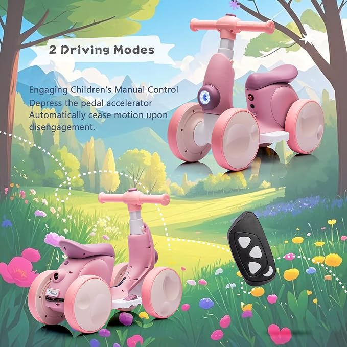 6V Electric Baby Balance Bike for 1 Year Old Boys Girls Ride on Toys 12-36 Months Toddler Balance Bike, 4 Wheels Kids First Bike with Remote Control First Birthday Gifts- Purple