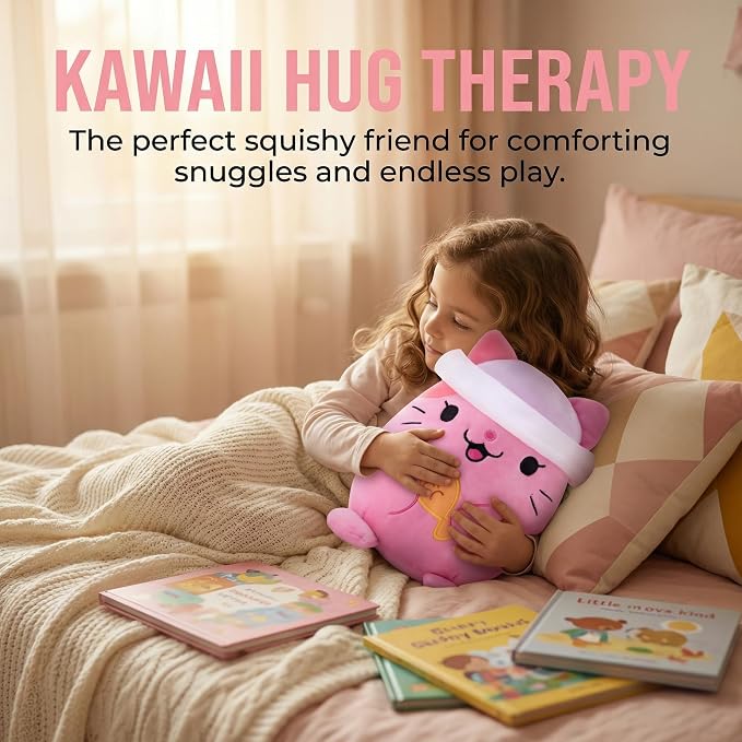 AIXINI Animal Plush Toys Set - Panda, Brown Bear, Bunny, Corgi, Pink Cat with Cute Hats, Soft Stuffed Animals for Kids, Christmas Birthday Gifts (Pink Cat, Medium Size)