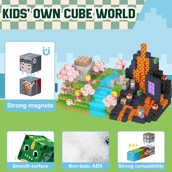 Uucoco 100PCS Magnetic Blocks - Magnet Cubes Toys Stacking, Build Mine Magnet World Magic Portal Set, STEM Montessori Stacking Toy for 3+ Year Old Boys&Girls (Forest and Castle)