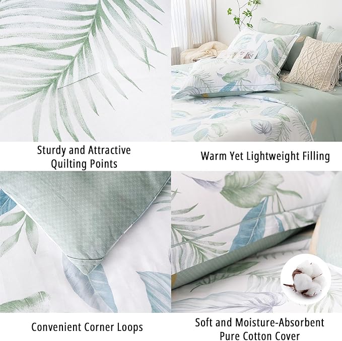 LEMIROE Botanical Cotton Comforter Queen Size - Sage Green Comforter Printed with Leaves & Ferns on White,Reversible Lightweight Bedding Sets 3Pcs(Leaves,90"×90")