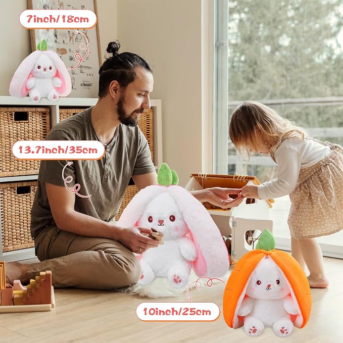 MIAODAM Cuddly Bunny Stuffed Animal, Kawaii Squishy Cute Easter Bunny Plush Turn Into Rabbit Fruit Doll Carrot Strawberry Bunny, Plushies Funny Bunny Toy for Kids