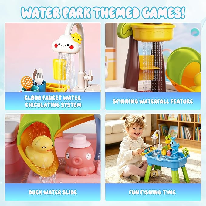 2026 Upgraded Water Table for Toddlers 1-3, Outdoor Water Play Table for Kids Ages 4-8 with Pump, Toddler Water Table, Play Sink with Running Water, Kitchen Sink Toy, Fishing Game, Sensory Table, Blue