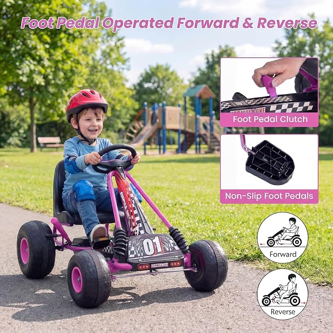 Costzon Pedal Go Kart, 4 Wheel Ride on Toy Pedal Car with Adjustable Seat, Forward/Backward & Handbrake, Outdoor Bicycle Go Cart with Wear-Resistant Wheels, Gift for Boys and Girls (Pink)