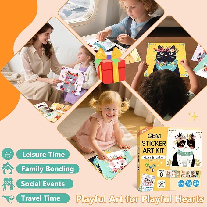 Marlrin Cat Diamond Art for Kids Ages 4-8, Gem Stickers Crafts Kits, DIY Arts and Crafts with Display Stand, Kitten Sticker Art Kit, Birthday Easter Gift for Boys Girls Ages 3-8