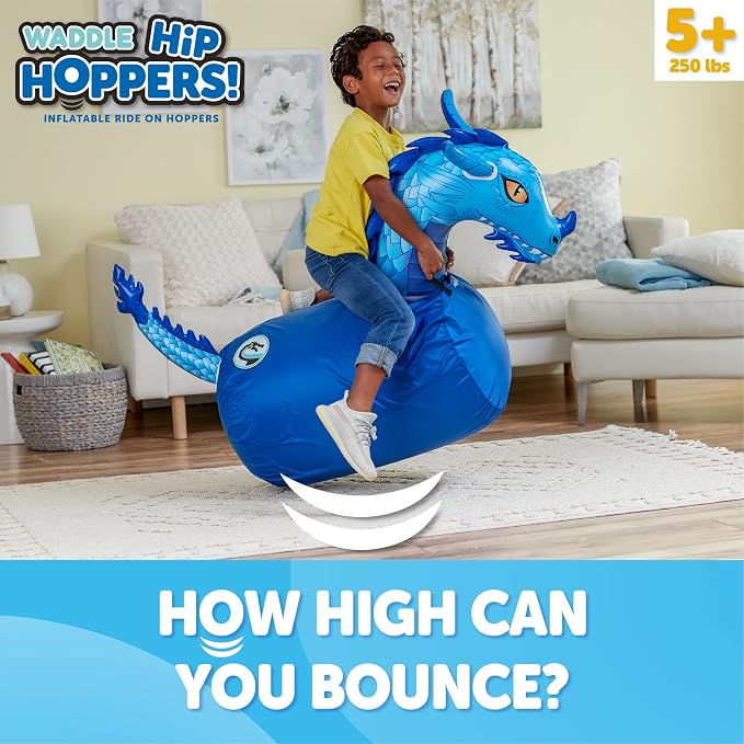 Waddle Hip Hoppers Large Bouncy Hopper Inflatable Hopping Animal Bouncer, Supports Up to 250 Pounds, Ages 5 and Up (Blue Dragon)