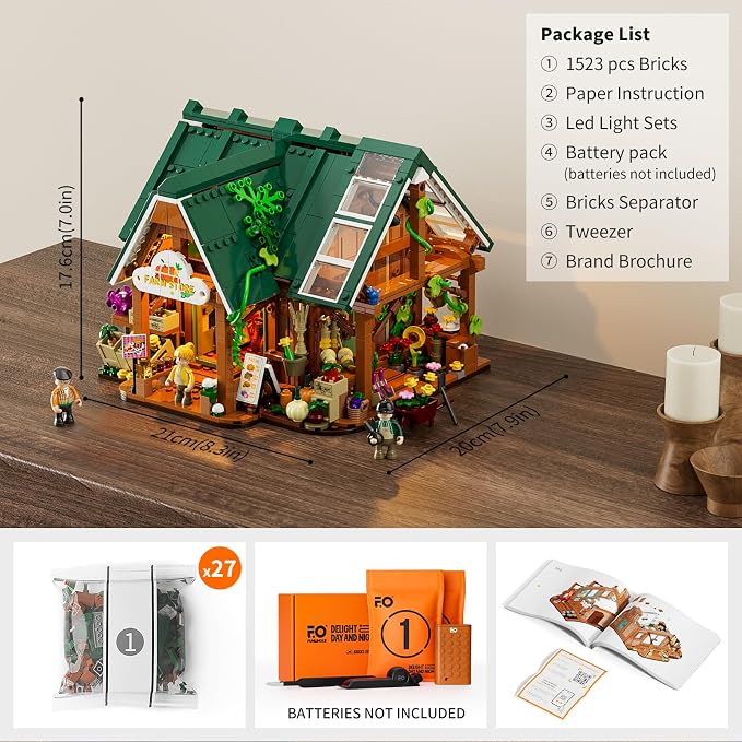 Funwhole Farm-Store Lighting Building-Bricks Set - Farm Shop LED Light Construction Building Model Set 1523 Pcs for Adults and Teen