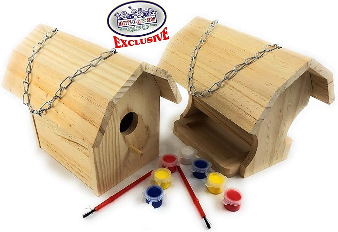 Matty's Toy Stop Paint-A-Barn Wooden Birdhouse & Bird Feeder (Includes Paints & Brushes) Gift Set Bundle - 2 Pack