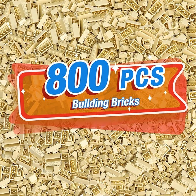 800 Pieces Building Bricks, 5 Sizes Building Pieces, Classic Slope Block Bulks - Compatible with All Major Brands, Tan