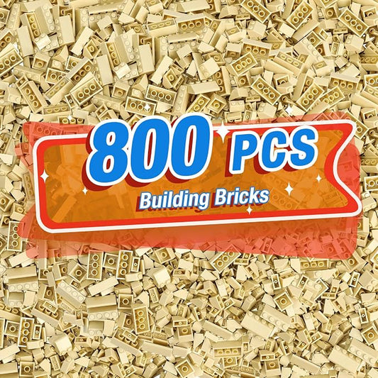 800 Pieces Building Bricks, 5 Sizes Building Pieces, Classic Slope Block Bulks - Compatible with All Major Brands, Tan