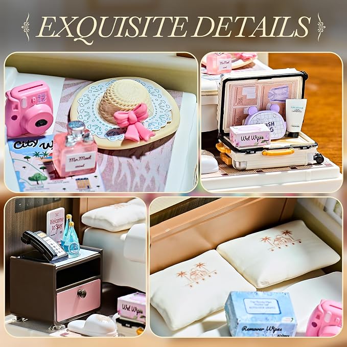 Miniature Cozy Bedroom DIY Kit with Acrylic Display Case – Homestay Dollhouse Room Craft Set, Tool-Free Mini House for Teens, Adults & Beginners