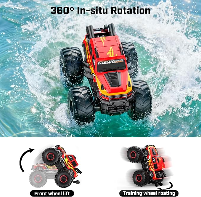 WayEee Remote Control Car Toys for Kids 6+, RC Car Waterproof Monster Truck Toys, Amphibious 4X4 Pickup, All Terrain Off-Road Vehicles, 2.4GHz Remote Control, 1/18 Scale RC Truck Boys Gifts/Red