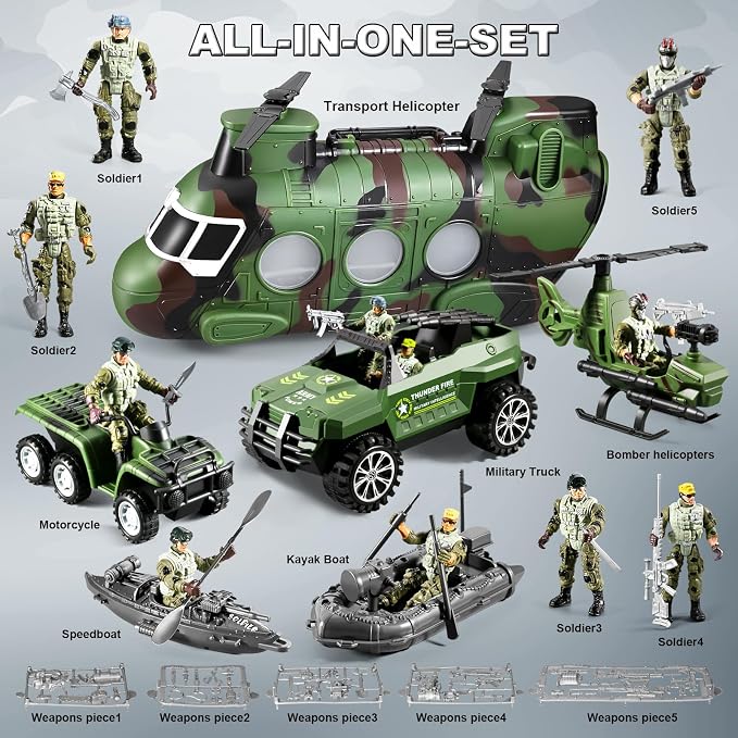 56-in-1 Army Men Toys Sets for Boys 4-7 8-12, Army Helicopter/Truck/Kayak Boat/Motorcycle/Army Men Action Figures/Weapon Gears, Army Toys for Boys Kids Birthday Gifts Party Favors