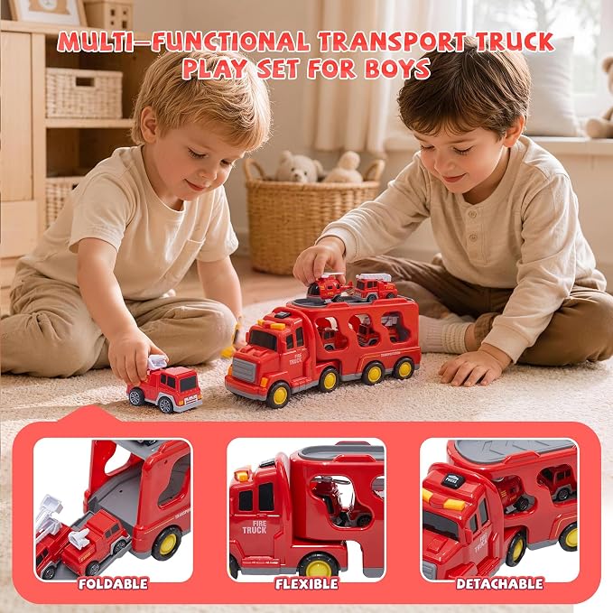 JoyRapt 5 in 1 Construction Truck Toys for Toddlers 3-5, Carrier Transport Trucks 4 Pack Small Pull Back Construction Vehicles Friction Power Cars, Christmas Birthday Gift Toys for Boys Girls.
