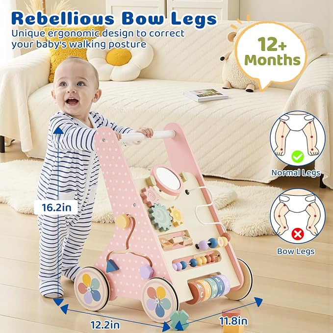Wooden Baby Walker with Wheels, Montessori Push Walker | Adjustable-speed wooden baby walker with Montessori activities and rubber wheels for safe learning to walk.