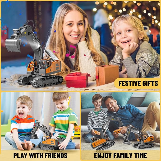 Remote Control Excavator Toy, 11 Channel RC Construction Digger with Metal Shovel, Lights & Sounds, 2.4GHz Rechargeable All-Terrain Excavator for Kids 3-14, Perfect for Sand, Dirt & Outdoor Play