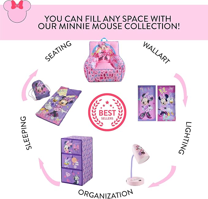 Idea Nuova Disney Minnie Mouse Toddler Nylon Bean Bag Chair with Piping & Top Carry Handle, Large