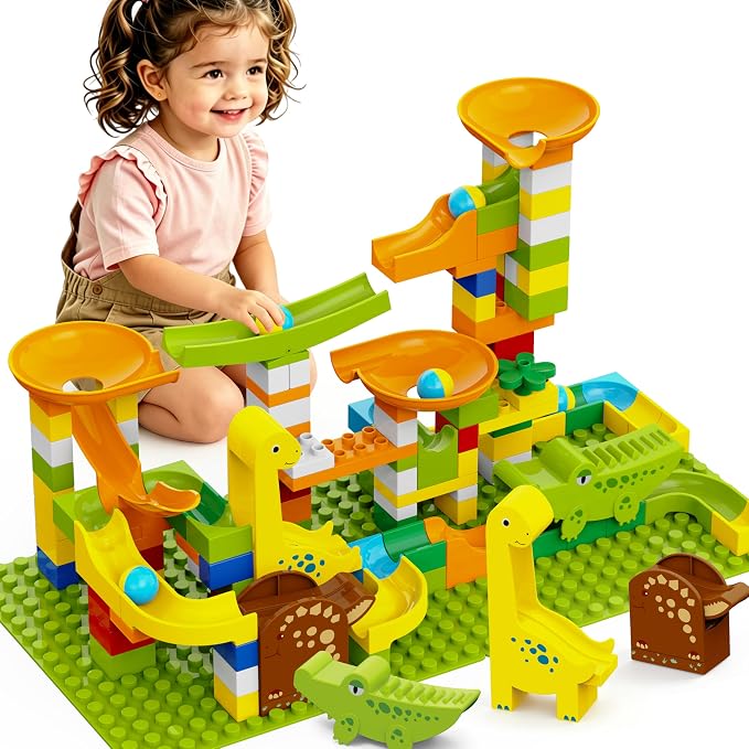 Dinosaur Marble Runs for Kids 4-8 Building Blocks Compatible with LEGO DUPLOS for Age 2-5/138Pcs Classic Big Blocks Marble Run for kids Ages 3-5 STEM Toy/Montessori Toys Gift for Kids Age 3,4,5,6,7,8+