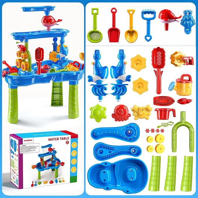 JUKUDAHU 3-Tier Water Table for Kids Ages 4-8 3-5, Sand and Water Table for Toddler with Beach Toys, Outdoor Toys Activity Sensory Play Table, Birthday Gifts for Toddlers 2 3 4 5 6 7 8 Boys Girls